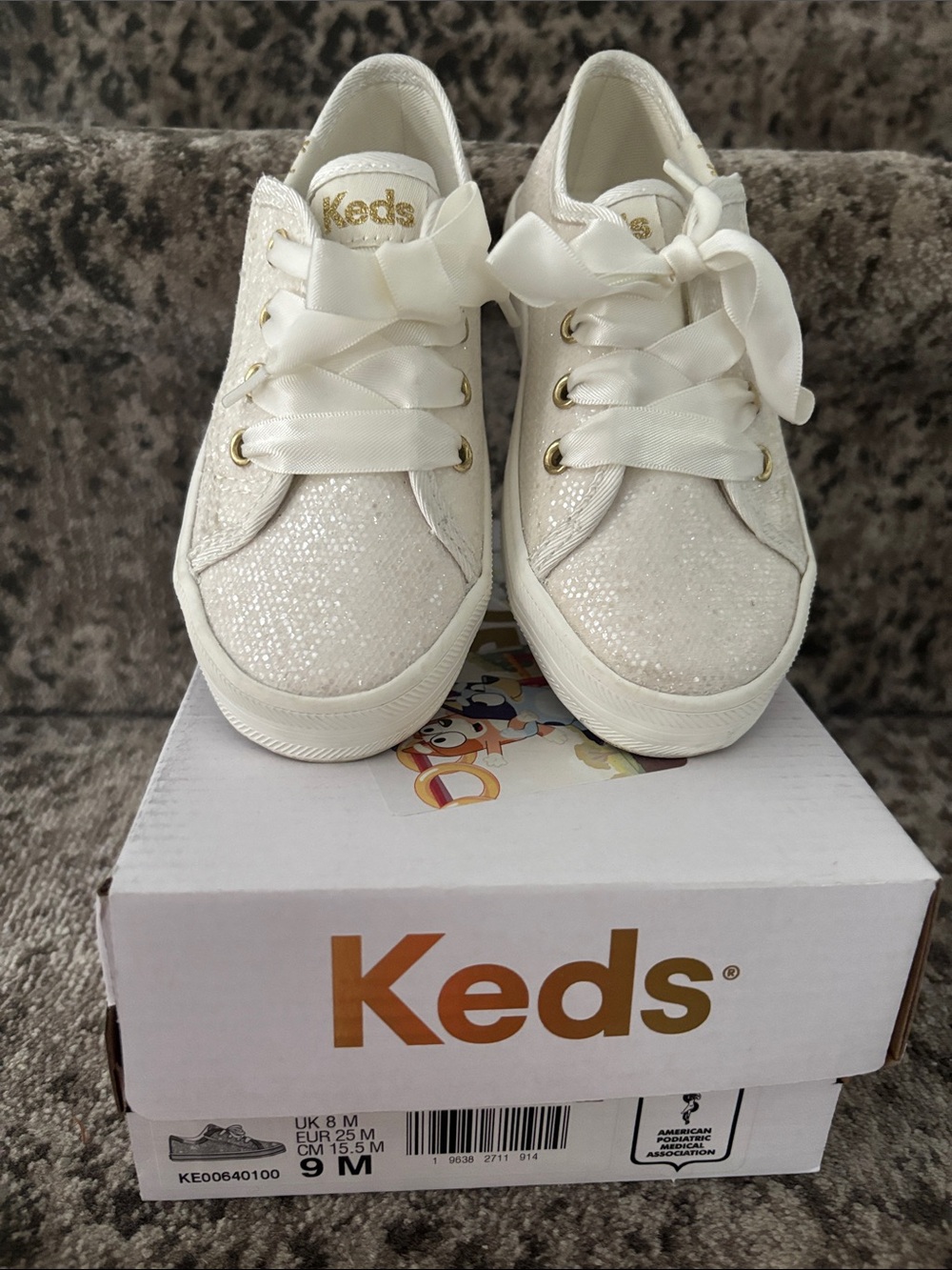 Keds Girls White Glitter Ribbon Lace Sneakers
